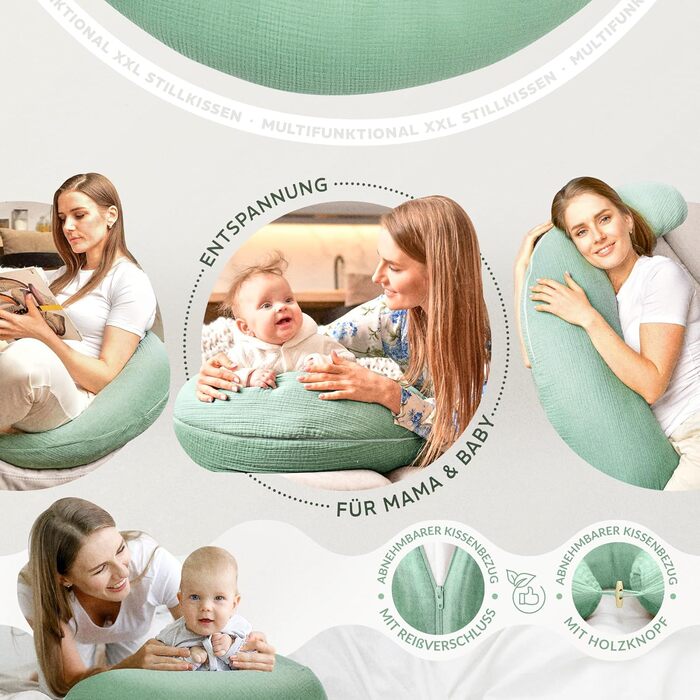 Подушка для годування sei Design XXL 190x30 з мусліновою наволочкою, ергономічна, для вагітних, для сну на боці, комфортна подушка для дорослих, наволочка для подушки для годування з 100% бавовни [ органічна бавовна ] (Персоналізована муслін м'ятно-зелени