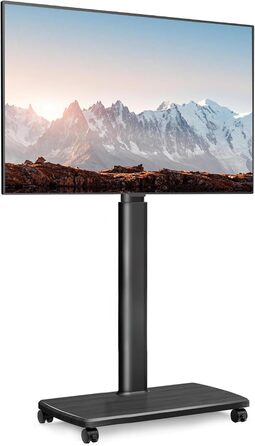 FITUEYES Rolling TV Stand with Wood Shelf - Adjustable Height & Swivel - Fits 32-70 inch TVs (up to 40kg, VESA 400x600) - Black