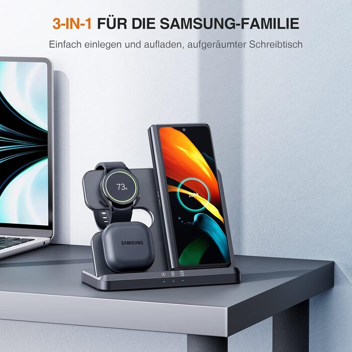 Бездротова зарядка 3-в-1 для Samsung Galaxy: годинники, смартфони, навушники. Сумісна з Galaxy Watch 8/7/6/5/5 Pro, S26 Ultra, S25, S24, S23, S22, Z Flip, Z Fold. Чорний колір, без адаптера.