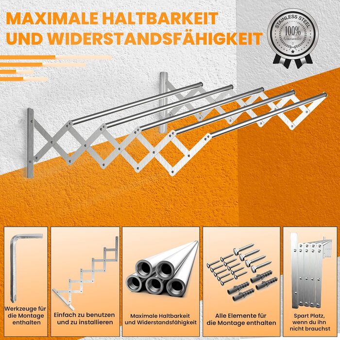 Настінна сушарка для білизни з нержавіючої сталі, висувна, 100 см, вантажопідйомність 25 кг