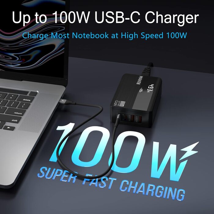 Зарядний пристрій MANTO 100W GaN USB-C з LED-дисплеєм, 4 порти (2x Type-C, 2x Type-A), PD 3.0, QC 3.0, для MacBook, iPhone, iPad, Samsung, ноутбуків