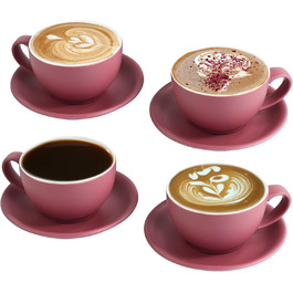 Набір кавових чашок Капучіно Yundu 4 шт. по 300 мл – керамічні чашки з блюдцями, матова палітра темних відтінків для латте-арту та бариста, великий набір мока чашок та блюдець (Матовий фіолетовий)