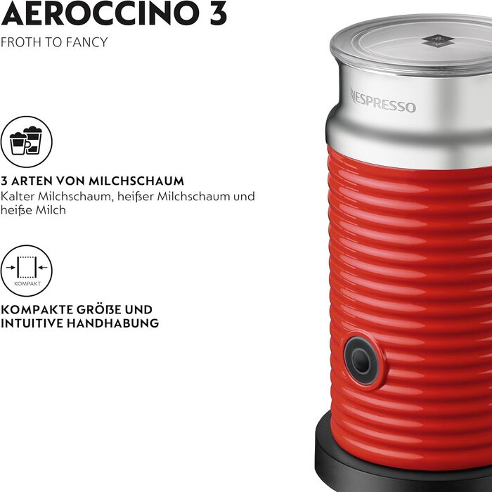 Nespresso Aeroccino 3: Електричний спінювач молока, червоний (120 мл піни, 240 мл гарячого молока)