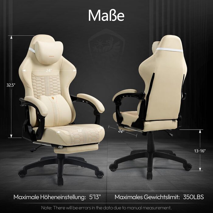 Ігровий крісло Dowinx Big and Tall з масажем попереку, підставка для ніг, ергономічне, PU шкіра, 180 кг (Бежевий)