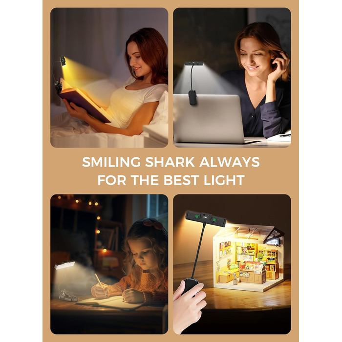 Ліхтарик для читання Smiling Shark LED, USB, 1200 mAh, 3 режими кольору, 6 режимів яскравості, гнучкий, з кліпсою та датчиком, індикатор батареї