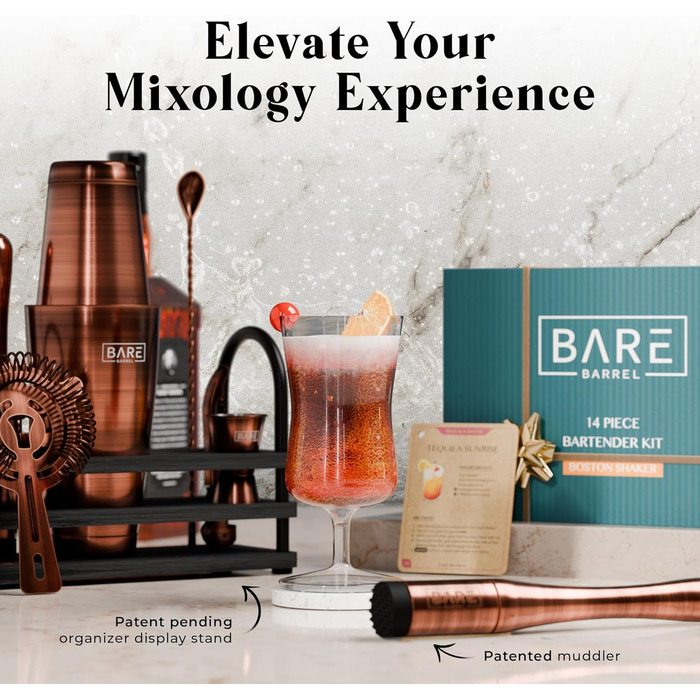 Bare Barrel Cocktail Shaker Set - 14 Piece Bar Set with Boston Shaker, Martini Accessories & Recipe Cards - Home Bartender Kit