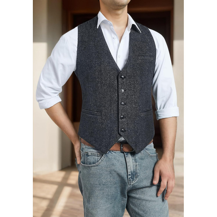 Жилет чоловічий HISDERN в стилі Herringbone, для весілля, формальний, твід, вовняний, класичний, базовий, розмір XL, колір вугільний