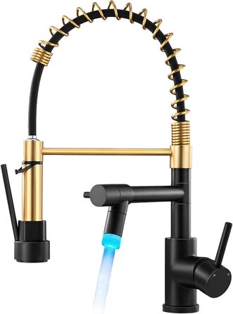Кран кухонний LED Warmiehomy професійний, 360° поворотний, з двома виливами, високий вигин, спіральна пружина, для мийки, брашований нікель (чорний та золотий)