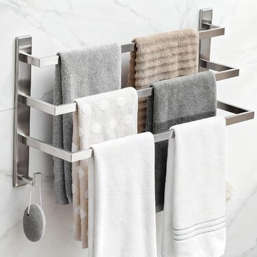 Тримач для рушників без свердління для ванної кімнати | Без бактерій | Прихований кріплення | Тримач для рушників з гачками - нержавіюча сталь SUS 304, антикорозійна, полірована