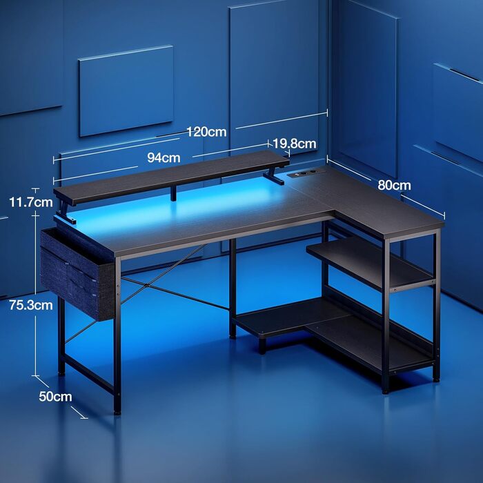 Ігровий стіл L-подібний Coleshome з LED-підсвічуванням та розетками, 120x80 см, з полицею, чорний, для офісу/робочого кабінету