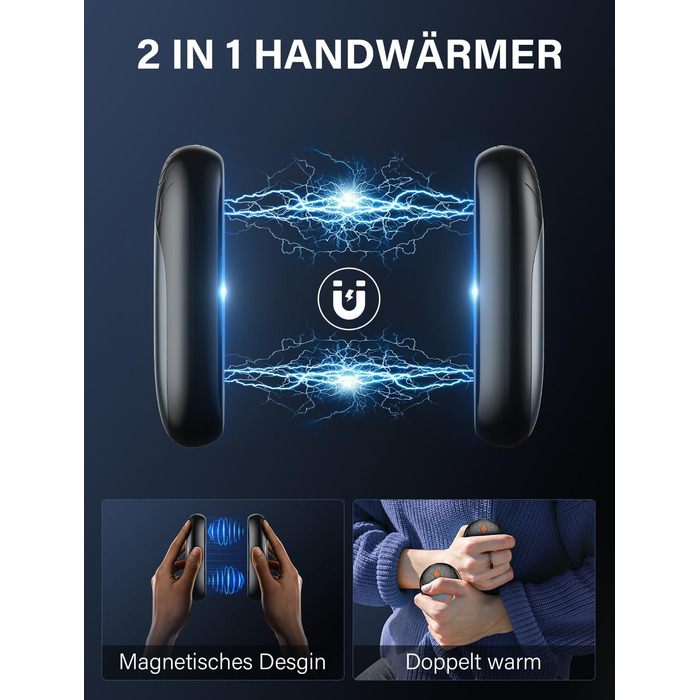 Електричні грілки для рук 2 шт. - Ultraleicht, перезаряджаються, портативні, 3 режими нагріву, до 24 годин, багаторазові USB грілки для рук для активного відпочинку взимку (сірий)