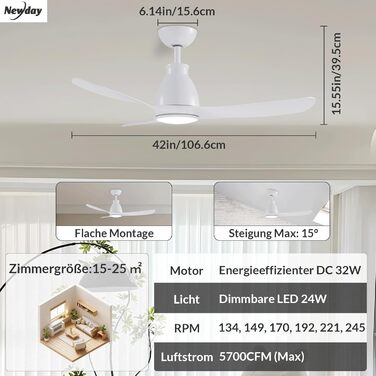Люстра-вентилятор Newday 116 см з LED підсвіткою та пультом ДУ, біла. Реверсивний DC-мотор, димер, нічний режим, функція пам'яті.