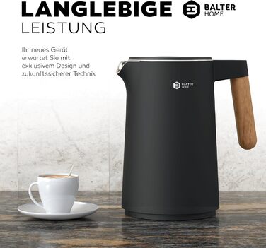BALTER Stainless Steel Kettle with Temperature Setting, 45°C-100°C, Double-Walled, BPA Free, Quiet & Cordless, Keep-Warm Function, Tea Kettle with Temperature Display, 1.5L, 2200W, Black