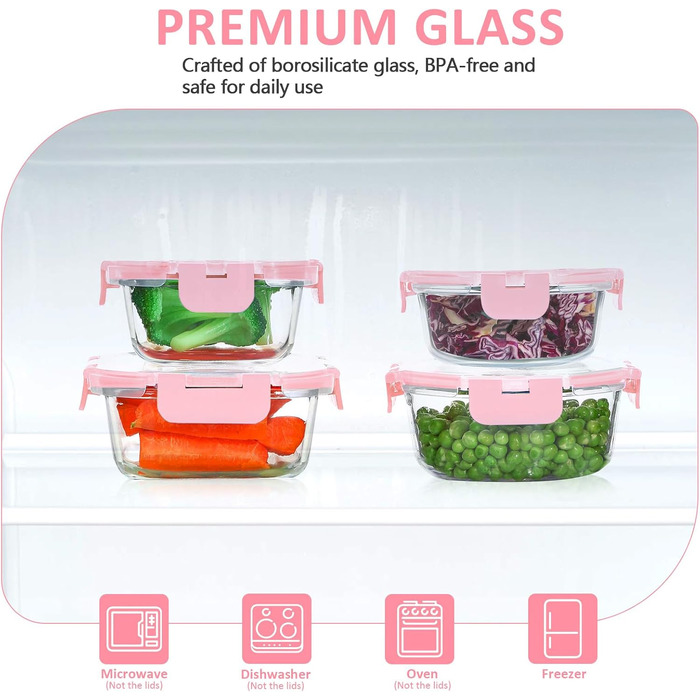Набір скляних контейнерів Komuee 24 шт. для зберігання продуктів, з кришкою, BPA-free, для мікрохвильової печі та посудомийної машини (рожевий)