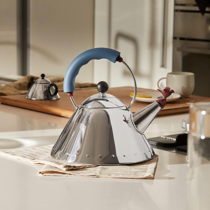 Alessi stainless steel kettle with handle and bird-shaped PA whistle, light blue, 4.4 x 25 x 4.4 cm, Blue Blue Stainless Steel