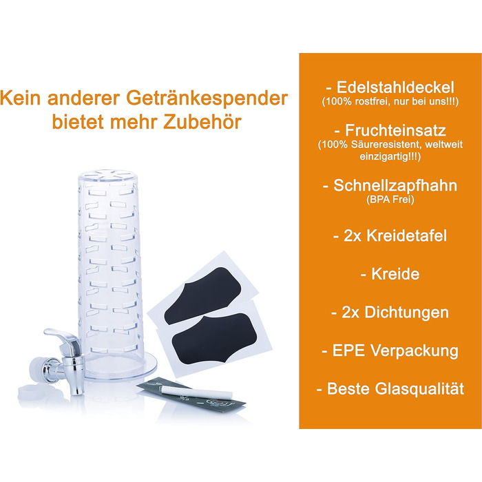 Диспенсер для напоїв Mary's Kitchen Tools, 4 л, скляний з фруктовим фільтром і краном, для води, лимонаду, соку, боулів, у стилі банки для консервування