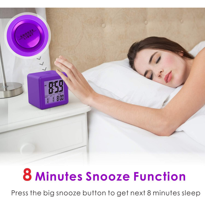 Цифровий туристичний годинник Plumeet з будильником, сонливим режимом, нічним світлом, великим дисплеєм (час, місяць, дата, будильник), м'яким звуком (фіолетовий)