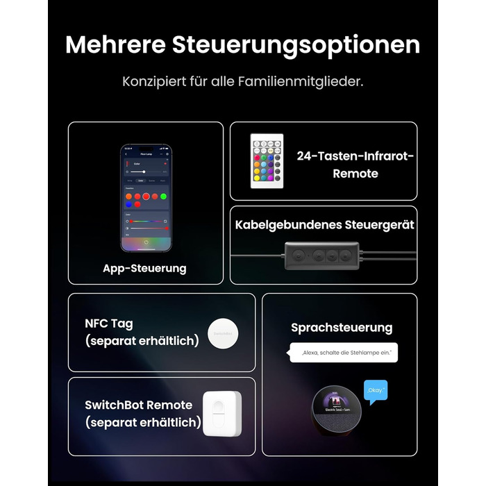 SwitchBot LED торшер для вітальні з RGBCC, керування через додаток, сумісний з Apple Home, Alexa, Google Home, чорний, з режимами сцени та музики