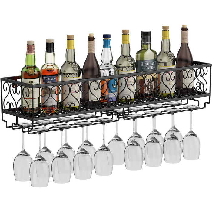 W-612 Metallic Black Wall-Mounted Wine & Champagne Glass Goblets Stemware Rack Holder, 80 x 20 cm Capacity up to 18 Bottles of Wine and 18 Glasses