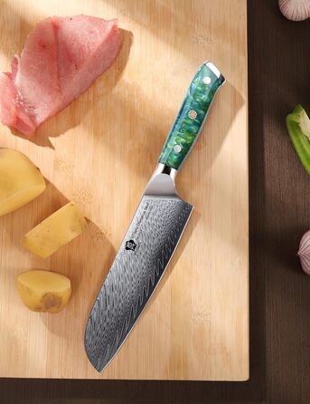 Японський кухонний ніж Santoku WILDMOK 17 см, сталь VG10 Дамаск, зелена рукоятка, професійний ніж для кухні
