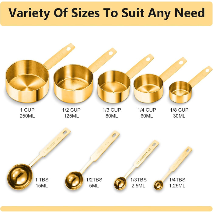 StellarHorizon Measuring Cups and Spoons, 9-Piece Set, Stainless Steel Handles with Metric and US Measurements, Gold-Polished Finish, for Dry and Liquid Ingredients, Measuring Cups for Cooking and Baking