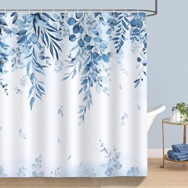 Шторка для душу Bonhause з зеленими листками та рослинами, 180 x 180 см, антигрибкова, водонепроникна, з поліестеру, придатна для прання, для ванної кімнати, з 12 гачками (180 x 180 см, 1 шт.), блакитна Евкаліптус