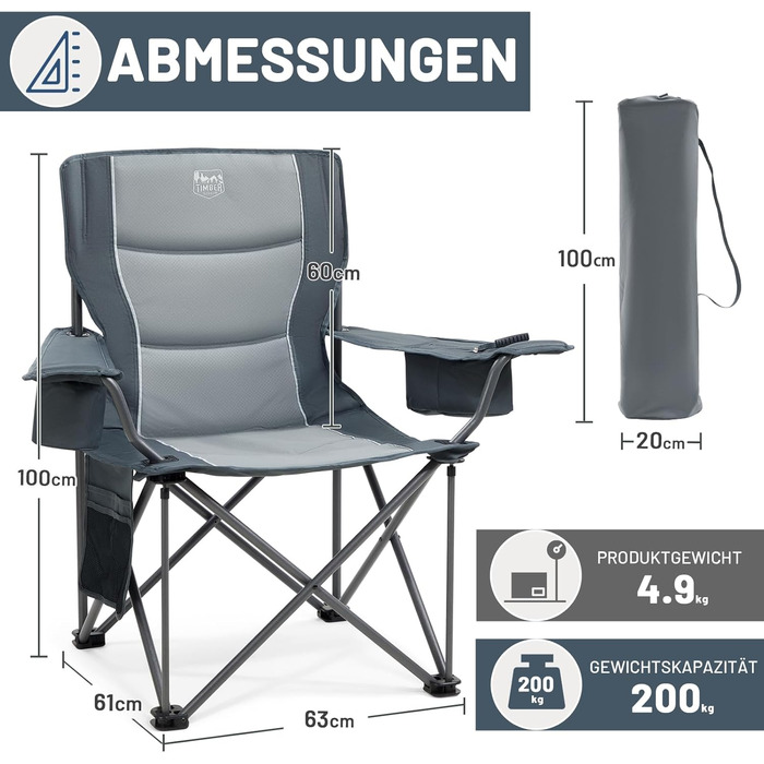 Кампінговий стілець розкладний Timber Ridge 2 шт, 200 кг, сірий, з ізольованою сумкою-холодильником, 63 см ширина сидіння - зручний для кемпінгу, риболовлі, саду