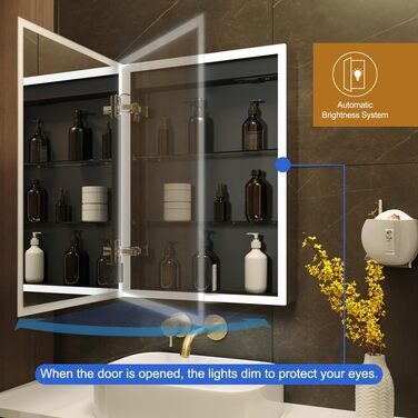 LED дзеркальна шафка для ванної кімнати KWW з підсвічуванням, регульованою температурою світла, протитуманним покриттям та USB роз'ємами (2 дверцята, 80x70 см)