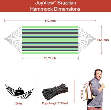 Гамак JoyView бразильський одинарний портативний 200x100 см, зелено-чорний, вантажопідйомність 136 кг для тераси та дому