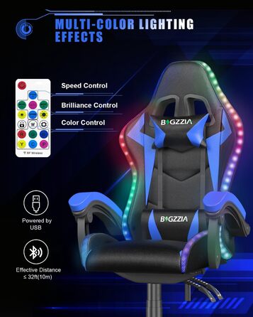 Геймерське крісло Bigzzia з LED підсвіткою, ергономічне, з підголівником, RGB, для підлітків та дорослих, чорно-синій