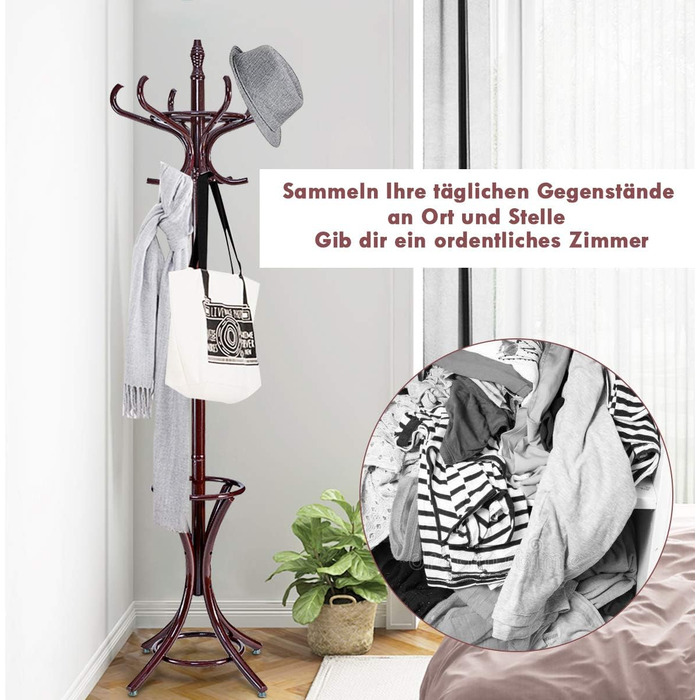 COSTWAY 184cm Wardrobe Rack with Umbrella Holder, Coat Rack with 12 Clothes Hooks, Clothes Rack made of Wood, Freestanding Wardrobe for Entryway, Living Room and Bedroom (Brown)