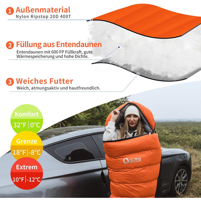 Сплячий мішок пуховий зимовий, 600FP+ преміум-пух, 12°C до -24°C, легкий та теплий для 3-4 сезонів, кемпінг, трекінг, чорний 7°C (оранжевий 0°C)