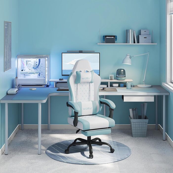 WOLTU Gaming Chair with Massage Function, Computer Chair with Pocket Spring Cushion, Ergonomic Gamer Recliner, Swivel Chair with Headrest, Lumbar Pillow, Footrest, Mesh Fabric, White+Blue, GS15bws White+blue Mesh Fabric