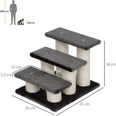 PawHut Pet Stairs 3-Step Cat Stairs Dog Stairs Stairs for Cats and Dogs Plush Dark Grey 45 x 35 x 34 cm