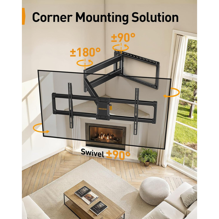 Кріплення для телевізора Perlegear: 42-90 дюймів, до 68 кг, подовжений кронштейн, повний рух, VESA 800x400 мм