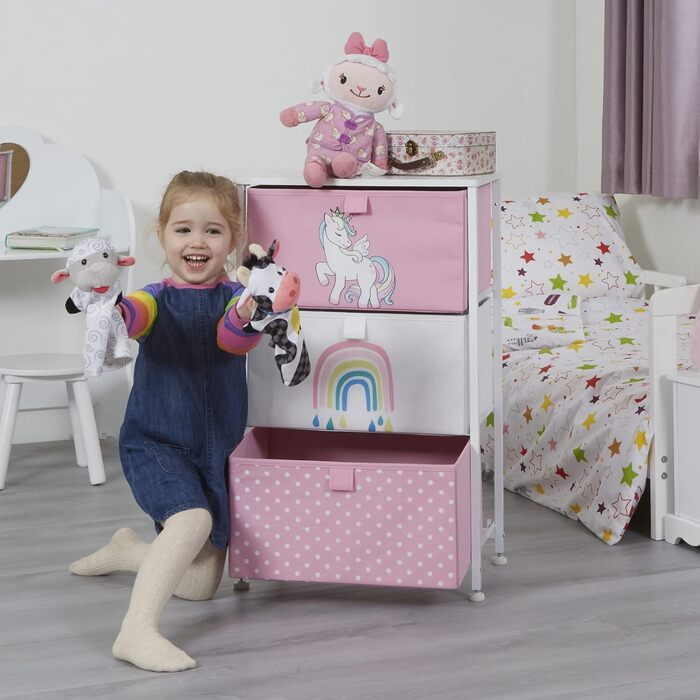 Дитяча комод-скриня Liberty House Toys Єдиноріг, для одягу та іграшок, з металевим каркасом, дерев'яною кришкою, 3 тканинних ящики, для дитячої кімнати, спальні, ігрової кімнати