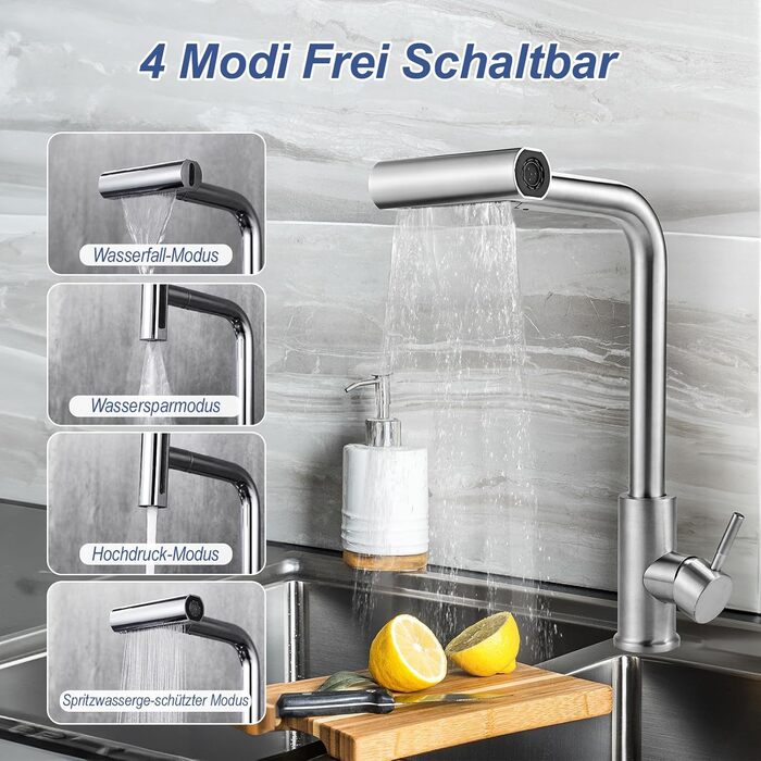 Кран кухонний висувний Cieex, 360° поворот, 4 режими, з душем, нержавіюча сталь, сріблястий