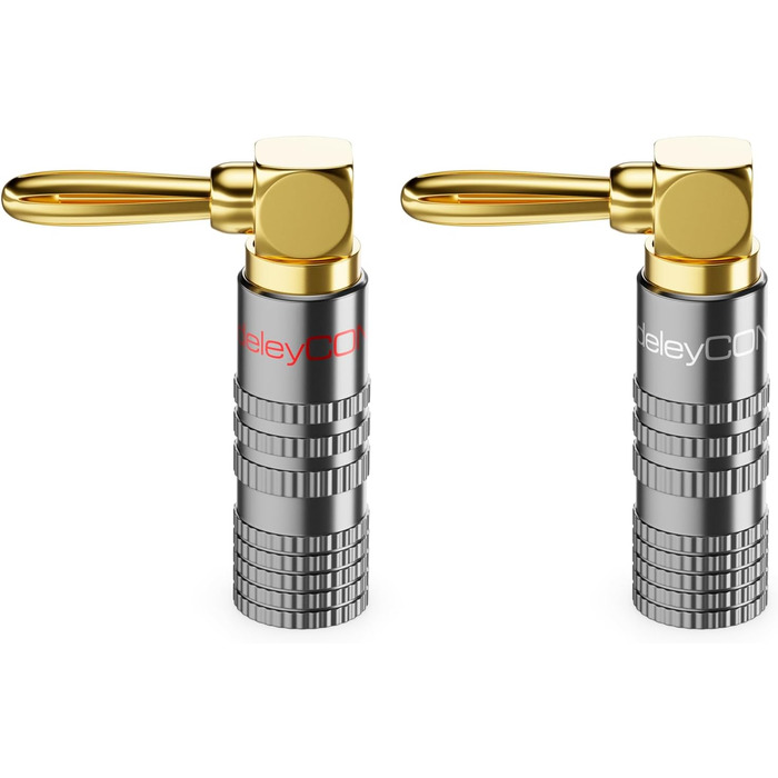 Набір бананових конекторів deleyCON 4 шт. 90° з позолотою, гвинтовий, для акустичних кабелів, 0,75-4,5 мм, Hi-Fi, домашній кінотеатр