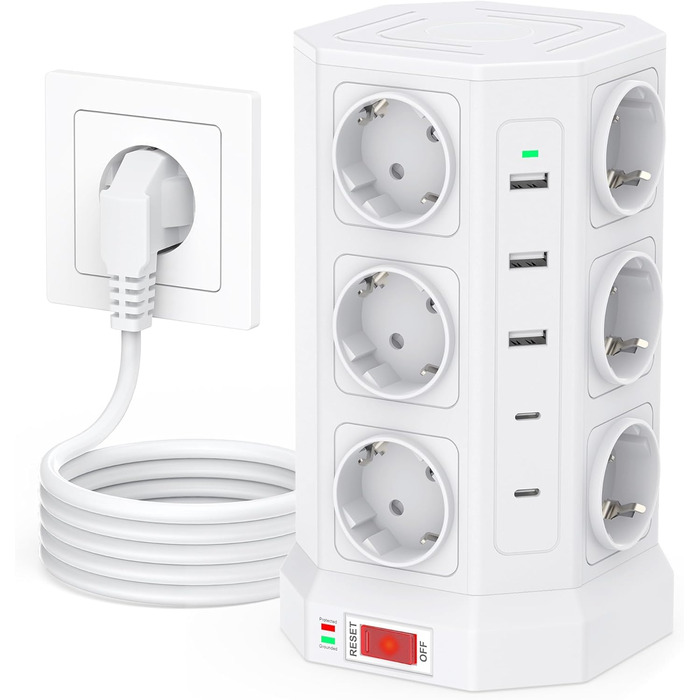 Блок розеток із захистом від перенапруги (3680W/16A), 12 розеток з 5 USB, мережевий фільтр з вимикачем, 1,5м кабель, захист 1050J, для дому/офісу, білий