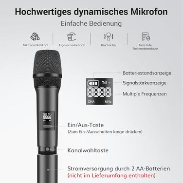 TONOR Система мікрофонів Dual Wireless, бездротова караоке мікрофонна система, 60м радіус дії, сірий колір