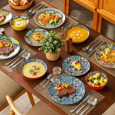 Tableware service for 6 people, vancasso simi 24-piece combination tableware set made of porcelain, dinnerware set with dinner plates, dessert plates, soup plates, and bowls, Bohemian style 24-piece tableware service