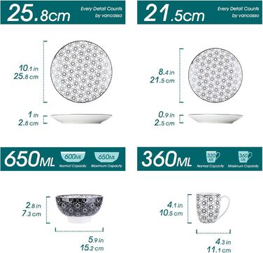 Набір посуду Vancasso Haruka 48 предметів: тарілки, миски, чашки (чорний + кремовий)