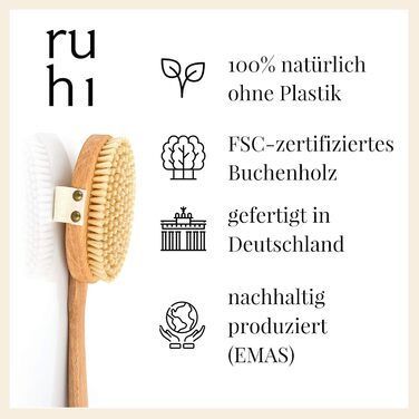RUHI Body Brush Long / Made in Germany / 100% Natural Bristles, FSC-Certified Beechwood / Back Brush / Plastic-Free for Dry Brushing Massage Back (dry brush back) & against Cellulite