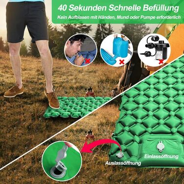 Isomatte HVIERO Саморозкладається, надувна, з насосом, для кемпінгу, туризму, рюкзака, зелена