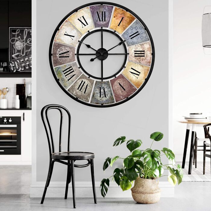 Large Vintage Wall Clock Retro XXL Antique Metal Clock Stainless Steel Large Shabby Chic Roman Numerals Large for Living Room Wall Ø 80cm (Metal Multicolor)