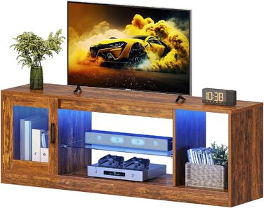 YITAHOME ТВ-тумба ретро з дерева, 148×32×51 см, з регульованою скляною полицею, LED RGB підсвіткою 144 см, пультом ДУ, коричнева