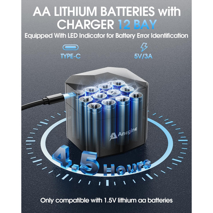 Акумулятори AA літієві перезаряджувані 3600mAh 1.5V з зарядним пристроєм (12 шт.)