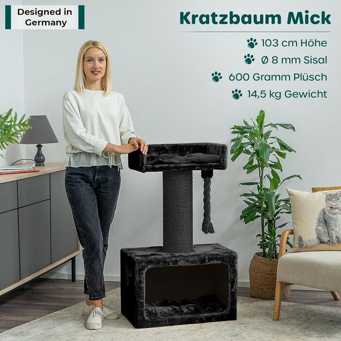 HAPPYPET Драбина для котів 'Mick', велика, стабільна, 103 см - преміум якість, 600 г плюшу, товстий стержень 18 см, велика площа для відпочинку, масивна кігтеточка для важких котів (наприклад, Мейн-кун), антрацит, 103 см