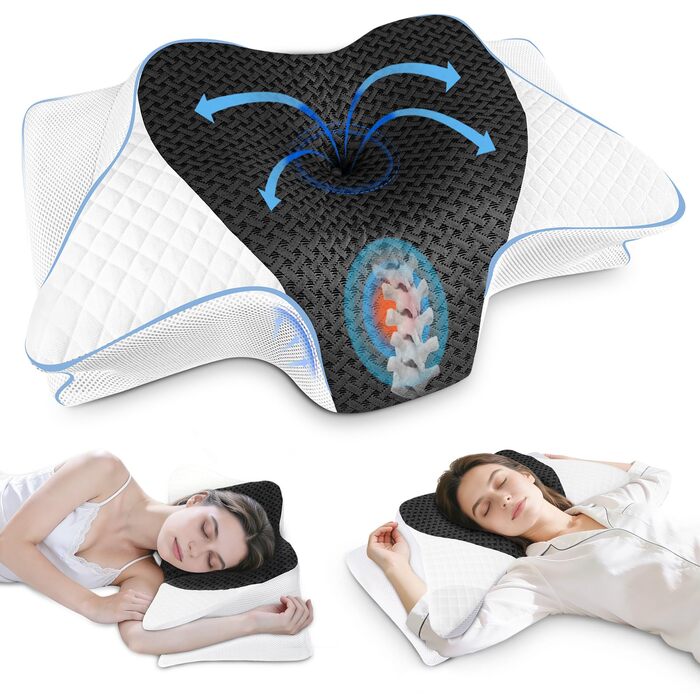 Подушка для шиї SAHEYER з Memory Foam, ортопедична, ергономічна, для тих, хто спить на боці, 60 x 35.5 x 10/13 см (Сіра)