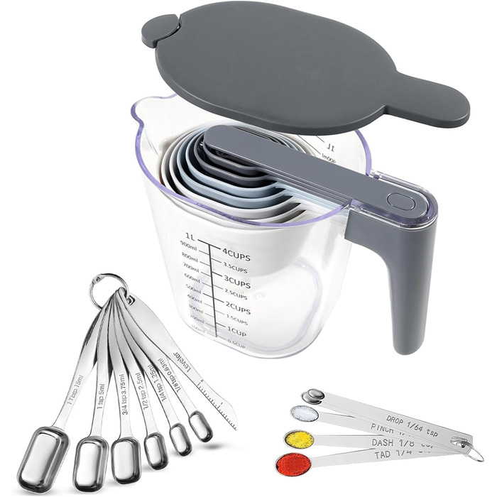 22-Piece Measuring Cups and Spoons Set, Stainless Steel Measuring Spoon Set and Stackable Measuring Cups with Lid for Liquid and Dry Ingredients, Cooking Baking Gadgets